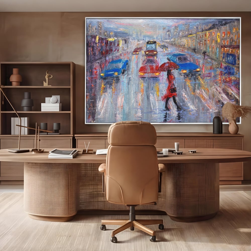 Tablou canvas cu tablou canvas cu oras in ploaie, in rama de aluminiu argintiu, pe perete intr-un birou